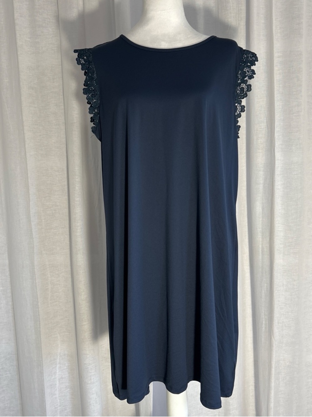 Sleeveless Navy Midi Dress with Lace Trim